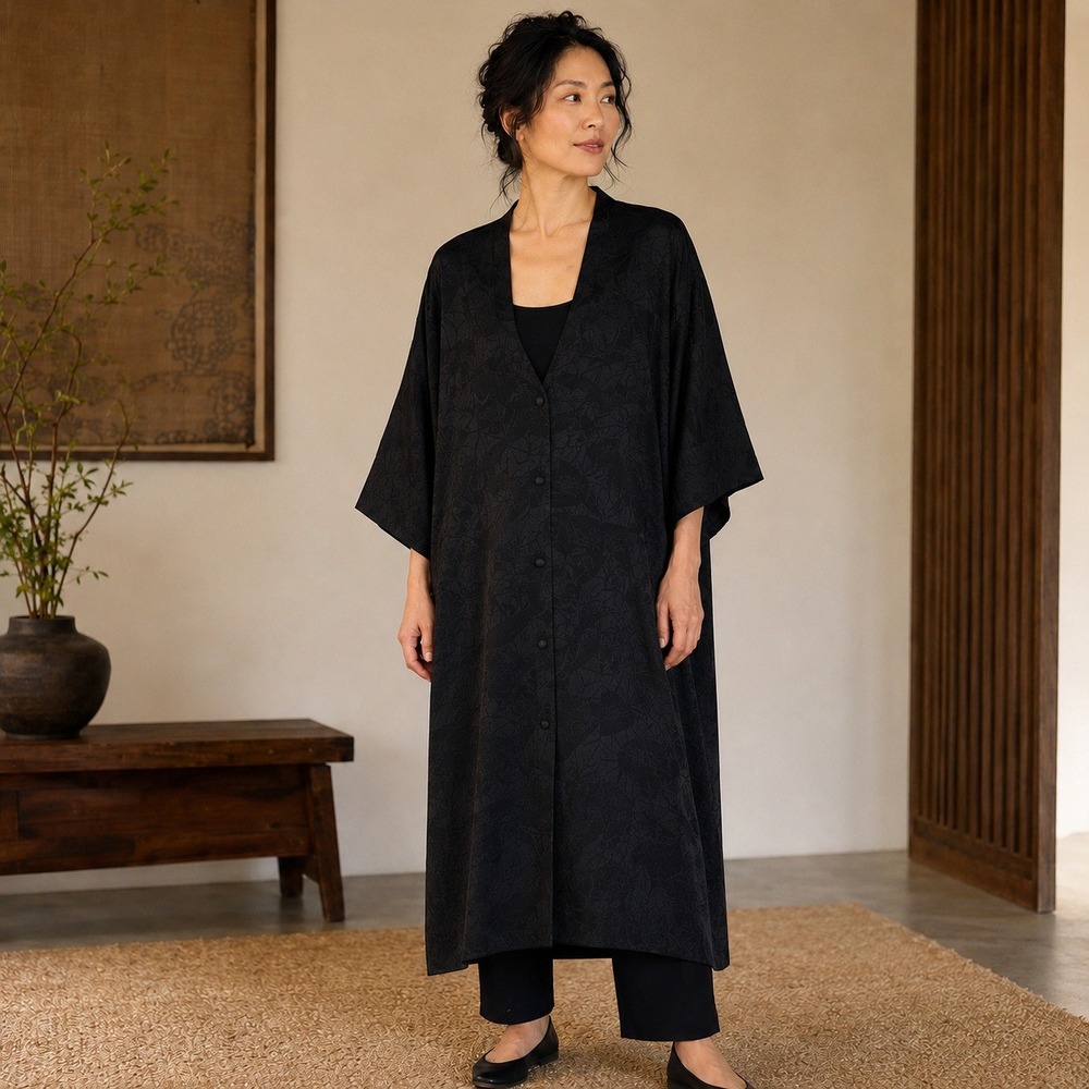 Vintage Kimono Jacket Black Jacquard Haori Coat Artwear Womens L